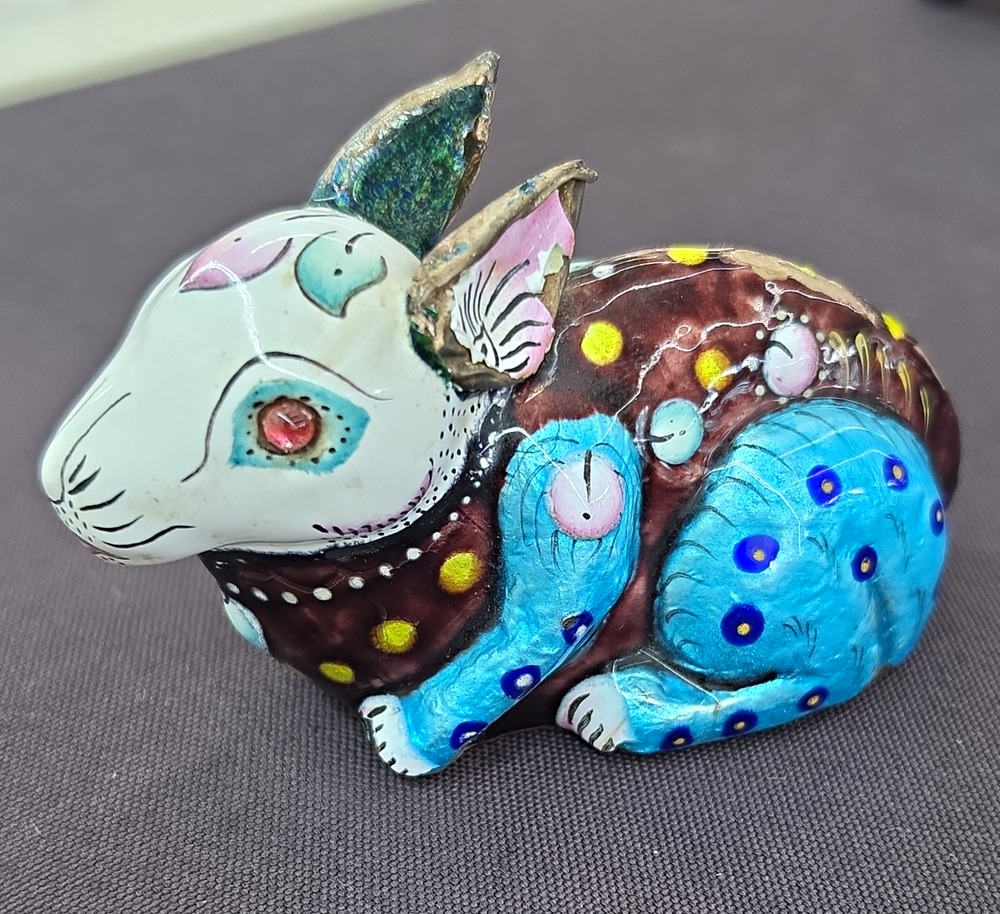 Enamel over Silver Rabbit Figurine, Blue Brown White Red Eyes READ